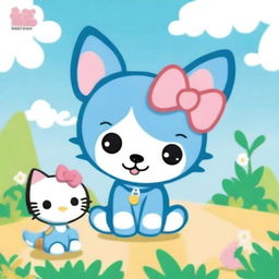 Illustrate a friendly meeting between Bluey, the animated blue heeler pup from Australia, and Hello Kitty, the iconic Japanese kawaii character