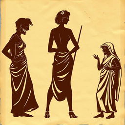 A vintage Greek-style scene depicted on an ancient, wrinkled papyrus background