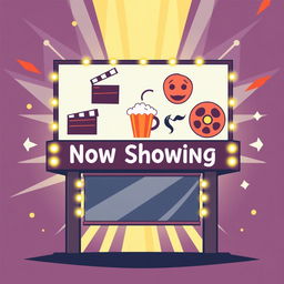 A dynamic pictogram illustration of a cinema billboard showcasing a variety of movie genres