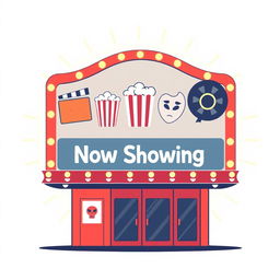 A dynamic pictogram illustration of a cinema billboard showcasing a variety of movie genres