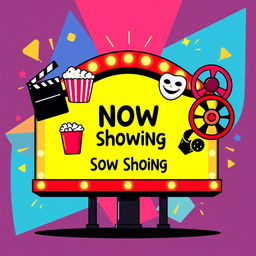 A dynamic pictogram illustration of a cinema billboard showcasing a variety of movie genres