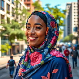 A beautifully dressed woman wearing a colorful hijab, standing in an urban setting