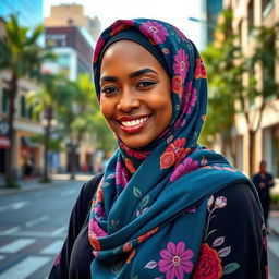 A beautifully dressed woman wearing a colorful hijab, standing in an urban setting