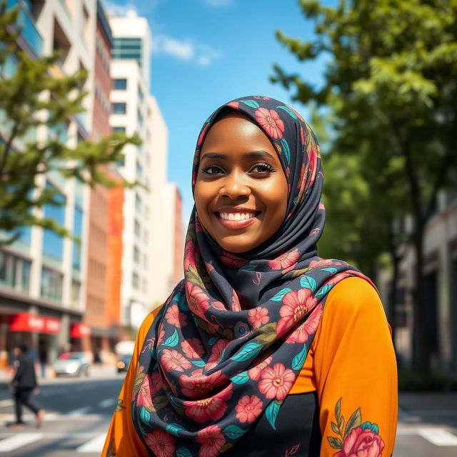 A beautifully dressed woman wearing a colorful hijab, standing in an urban setting