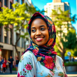 A beautifully dressed woman wearing a colorful hijab, standing in an urban setting