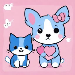 Illustrate a friendly meeting between Bluey, the animated blue heeler pup from Australia, and Hello Kitty, the iconic Japanese kawaii character