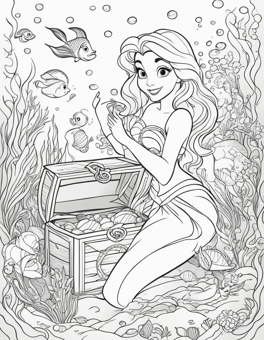 Disney-style coloring book page featuring Ariel from The Little Mermaid, surrounded by underwater elements like a treasure chest and Flounder