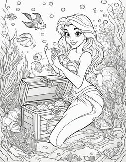 Disney-style coloring book page featuring Ariel from The Little Mermaid, surrounded by underwater elements like a treasure chest and Flounder