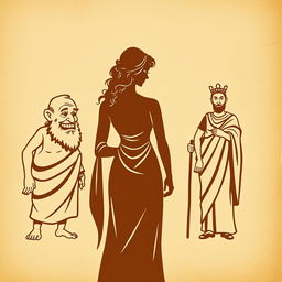 A vintage-style illustration on an ancient, wrinkled papyrus background, featuring humorous silhouettes