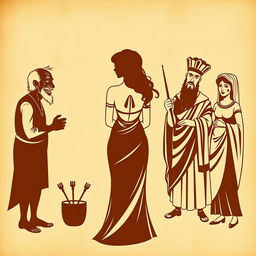 A vintage-style illustration on an ancient, wrinkled papyrus background, featuring humorous silhouettes