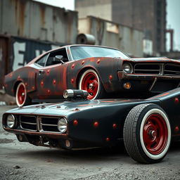 A lowered black rusty rat rod 2006 Dodge Charger with riveted panels, featuring striking red rims and classic baby moon hubcaps