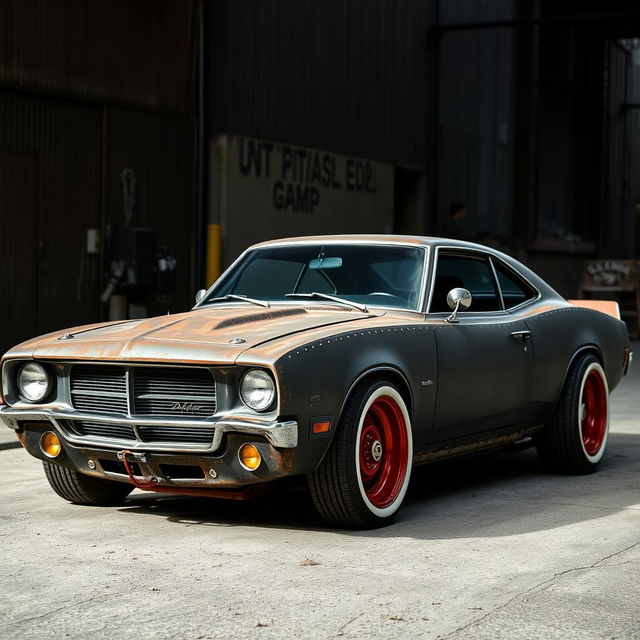 A lowered black rusty rat rod 2006 Dodge Charger with riveted panels, featuring striking red rims and classic baby moon hubcaps