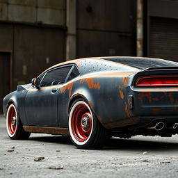 A lowered black rusty rat rod 2006 Dodge Charger with riveted panels, featuring striking red rims and classic baby moon hubcaps