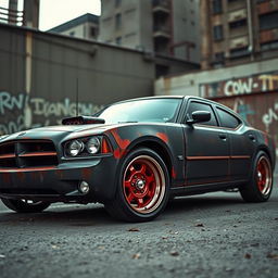 A lowered black rusty rat rod 2006 Dodge Charger with riveted panels, featuring striking red rims and classic baby moon hubcaps