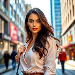 A beautiful 34-year-old brunette woman with European features, wearing stylish and fashionable clothing