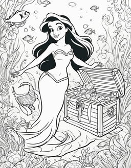 Disney-style coloring book page featuring Ariel from The Little Mermaid, surrounded by underwater elements like a treasure chest and Flounder