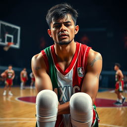 A powerful and emotional portrayal of a Mexican basketball player in a moment of vulnerability