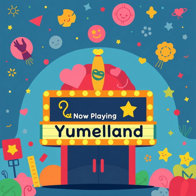 A colorful pictogram illustration of a cinema billboard for 'Yumeland'