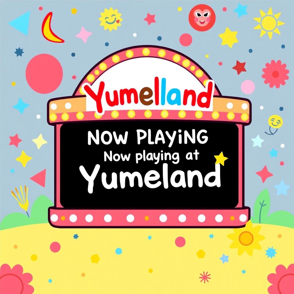 A colorful pictogram illustration of a cinema billboard for 'Yumeland'