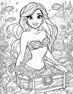 Disney-style coloring book page featuring Ariel from The Little Mermaid, surrounded by underwater elements like a treasure chest and Flounder