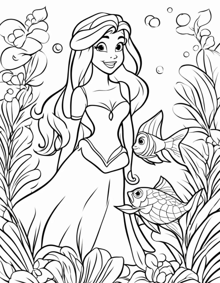 Simplified Disney-style coloring page featuring Ariel from The Little Mermaid and Flounder.