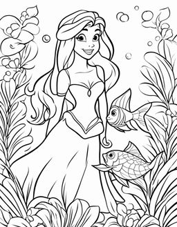 Simplified Disney-style coloring page featuring Ariel from The Little Mermaid and Flounder.