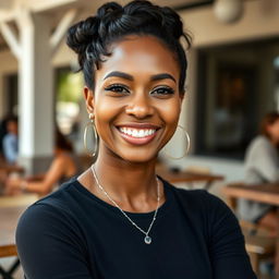 A vibrant and attractive black woman around 35 years old, showcasing her natural beauty and confidence in casual wear