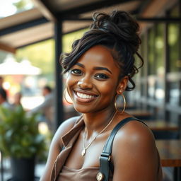 A vibrant and attractive black woman around 35 years old, showcasing her natural beauty and confidence in casual wear