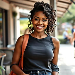 A vibrant and attractive black woman around 35 years old, showcasing her natural beauty and confidence in casual wear