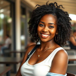 A vibrant and attractive black woman around 35 years old, showcasing her natural beauty and confidence in casual wear