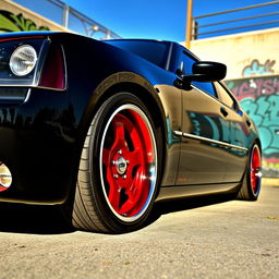 A sleek, lowered 2006 black Dodge Charger featuring riveted panels and striking red rims adorned with baby moon hub caps