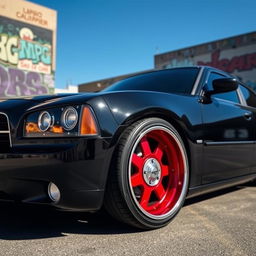 A sleek, lowered 2006 black Dodge Charger featuring riveted panels and striking red rims adorned with baby moon hub caps