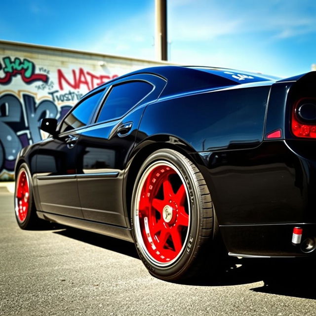 A sleek, lowered 2006 black Dodge Charger featuring riveted panels and striking red rims adorned with baby moon hub caps