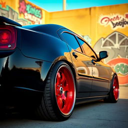 A sleek, lowered 2006 black Dodge Charger featuring riveted panels and striking red rims adorned with baby moon hub caps