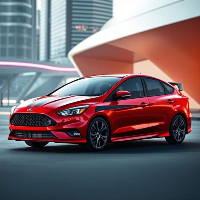 A modern and sleek design concept for a red 2017 Ford Focus sedan with glossy black racing stripes