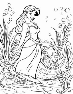 Simplified Disney-style coloring page featuring Ariel from The Little Mermaid and Flounder.