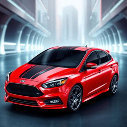 A modern and sleek design concept for a red 2017 Ford Focus sedan with glossy black racing stripes