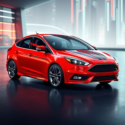 A modern and sleek design concept for a red 2017 Ford Focus sedan with glossy black racing stripes