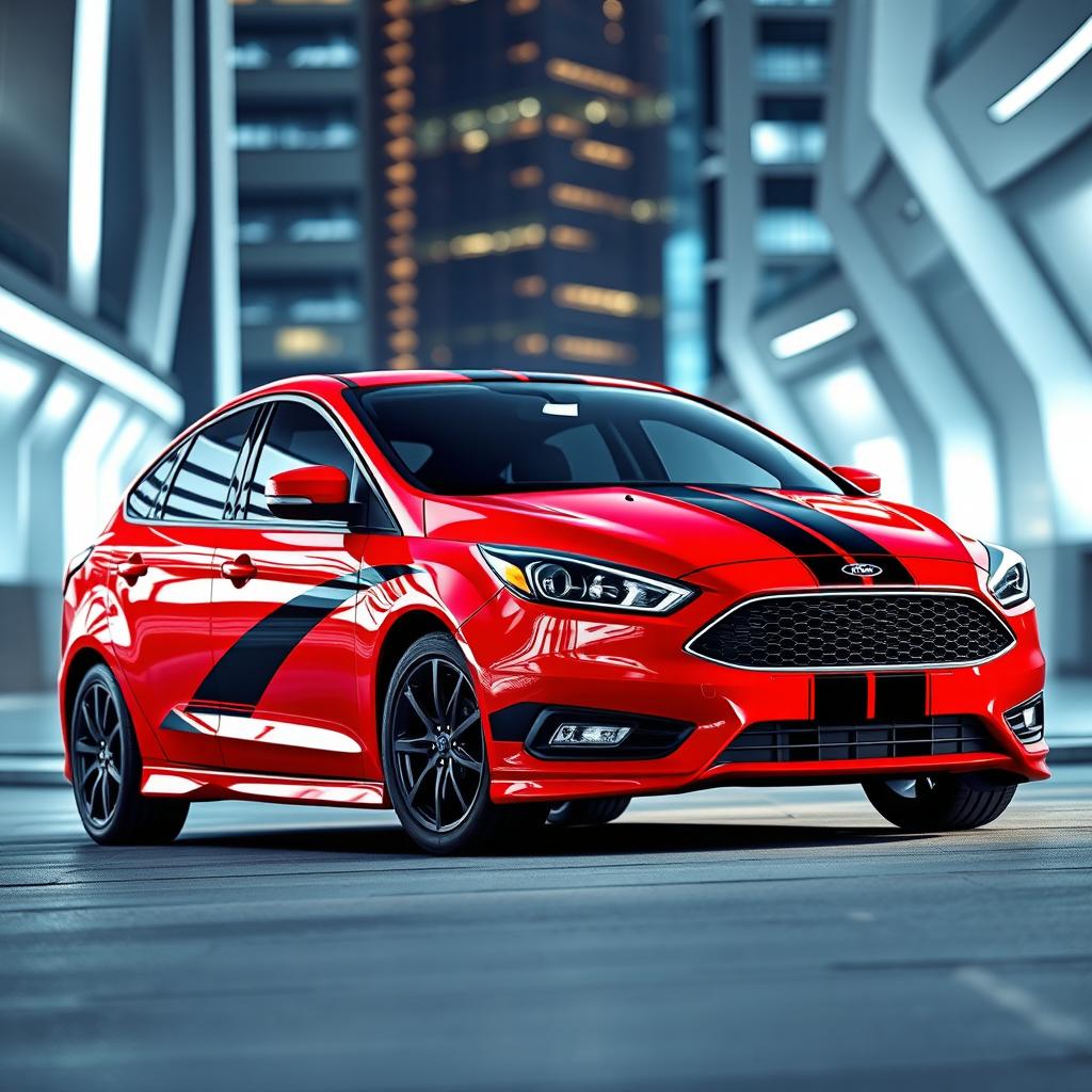 A modern and sleek design concept for a red 2017 Ford Focus sedan with glossy black racing stripes