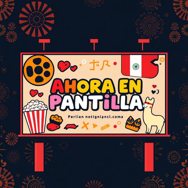 An engaging pictogram illustration of a cinema billboard featuring a fusion of Asian and Peruvian cinema