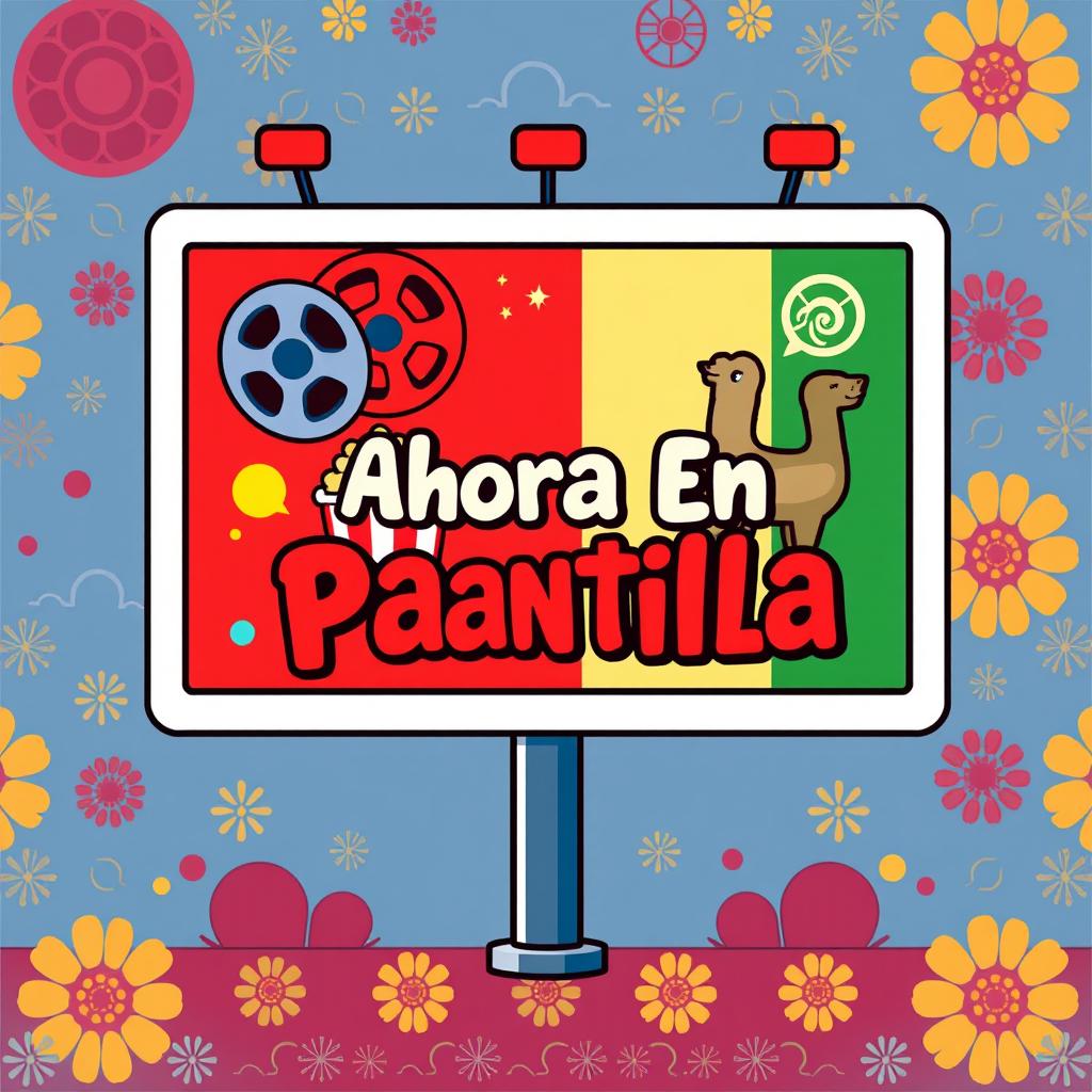 An engaging pictogram illustration of a cinema billboard featuring a fusion of Asian and Peruvian cinema