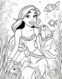 Simplified Disney-style coloring page featuring Ariel from The Little Mermaid and Flounder.