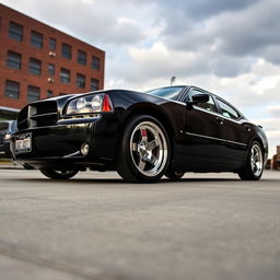 A lowered black 2006 Dodge Charger, showcasing riveted panels that give it a unique and rugged look