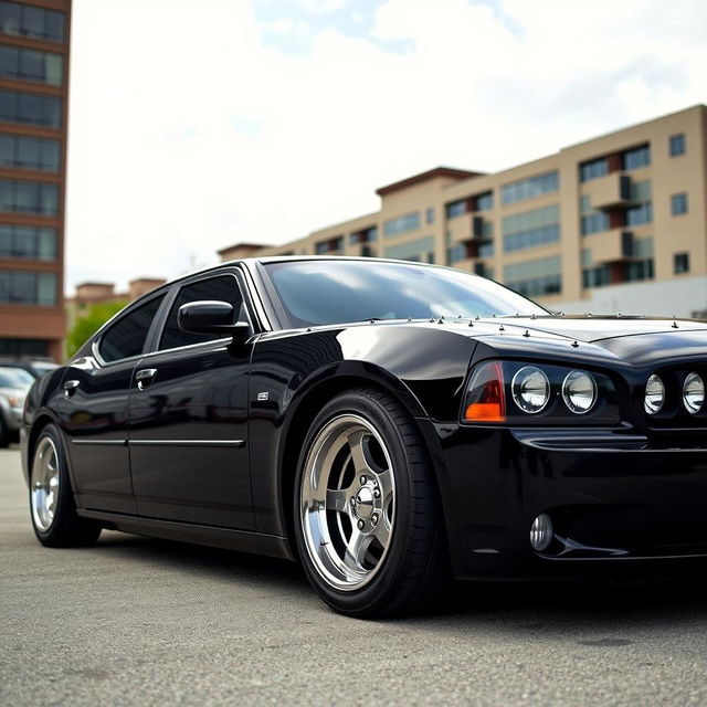 A lowered black 2006 Dodge Charger, showcasing riveted panels that give it a unique and rugged look