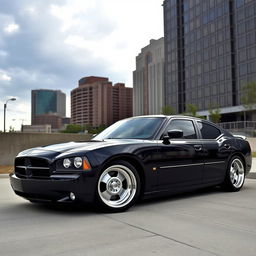 A lowered black 2006 Dodge Charger, showcasing riveted panels that give it a unique and rugged look