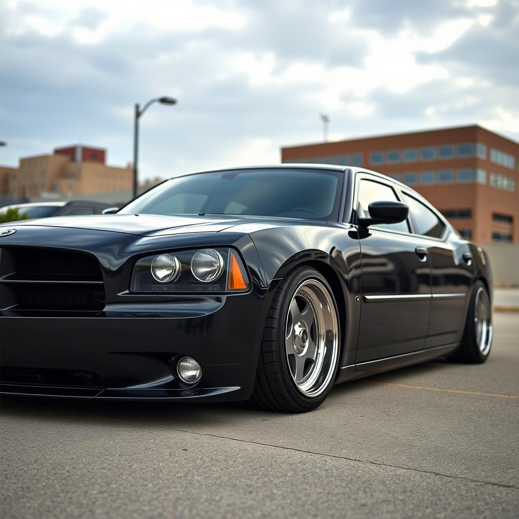 A lowered black 2006 Dodge Charger, showcasing riveted panels that give it a unique and rugged look