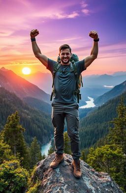 A rugged adventurer triumphantly standing on a mountain peak, overlooking a breathtaking wilderness landscape filled with towering trees, expansive valleys, and a sparkling river below