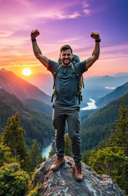 A rugged adventurer triumphantly standing on a mountain peak, overlooking a breathtaking wilderness landscape filled with towering trees, expansive valleys, and a sparkling river below