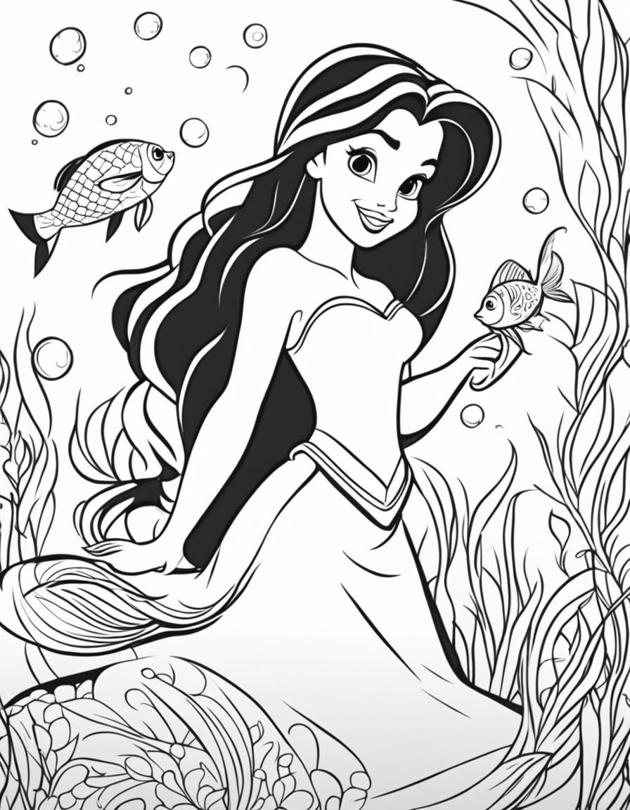 Simplified Disney-style coloring page featuring Ariel from The Little Mermaid and Flounder.