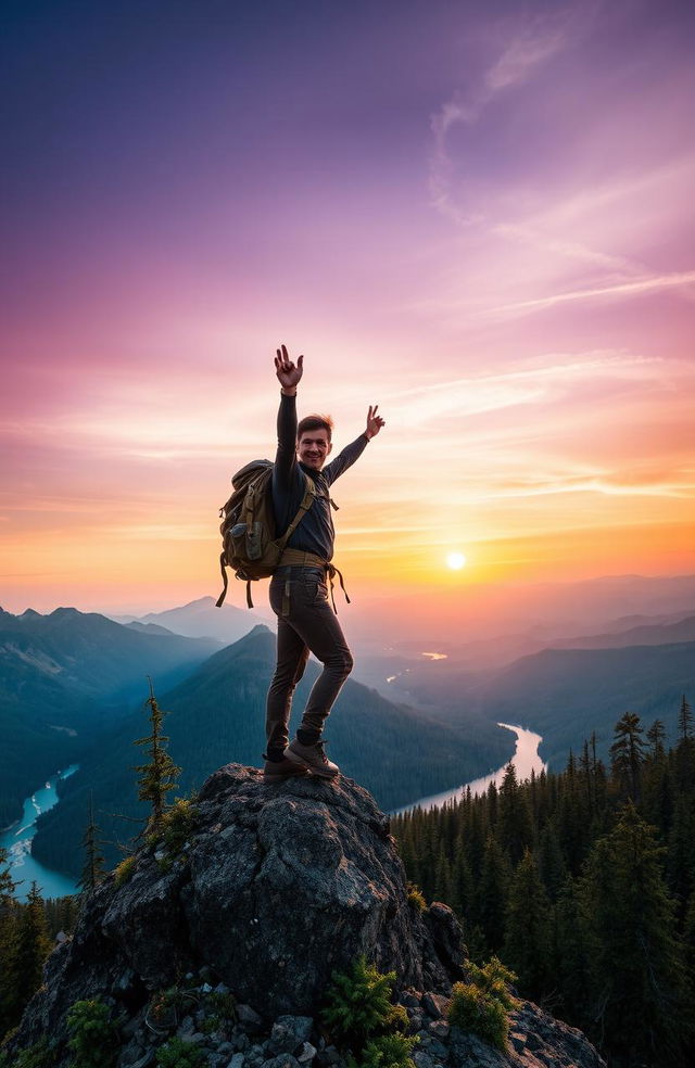 A rugged adventurer triumphantly standing on a mountain peak, overlooking a breathtaking wilderness landscape filled with towering trees, expansive valleys, and a sparkling river below